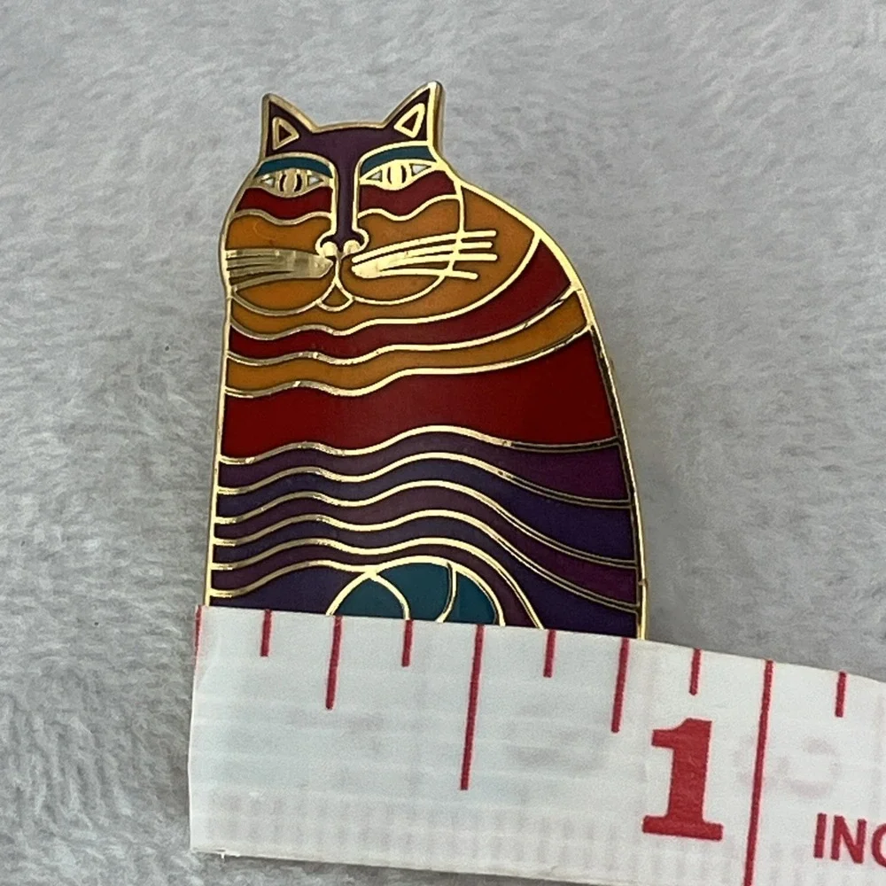 Laurel Burch Rainbow Cat Brooch Pin Signed Whimsical Gold Tone Kitty Collectible